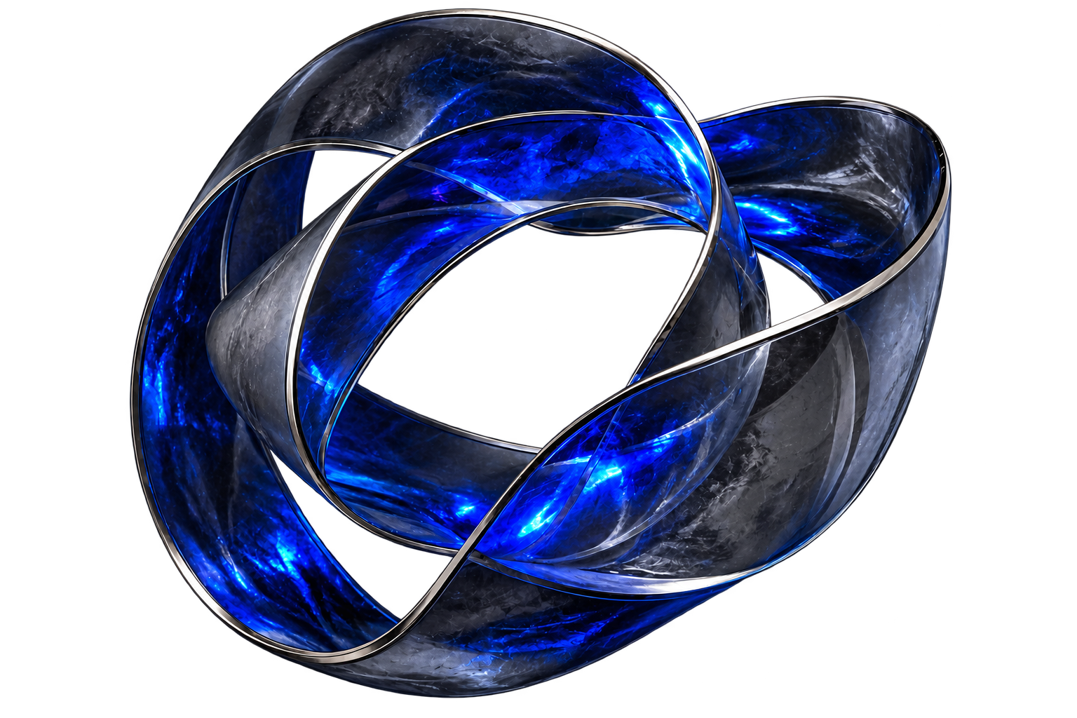 An orbital sculpture of cobalt glass and silver metal